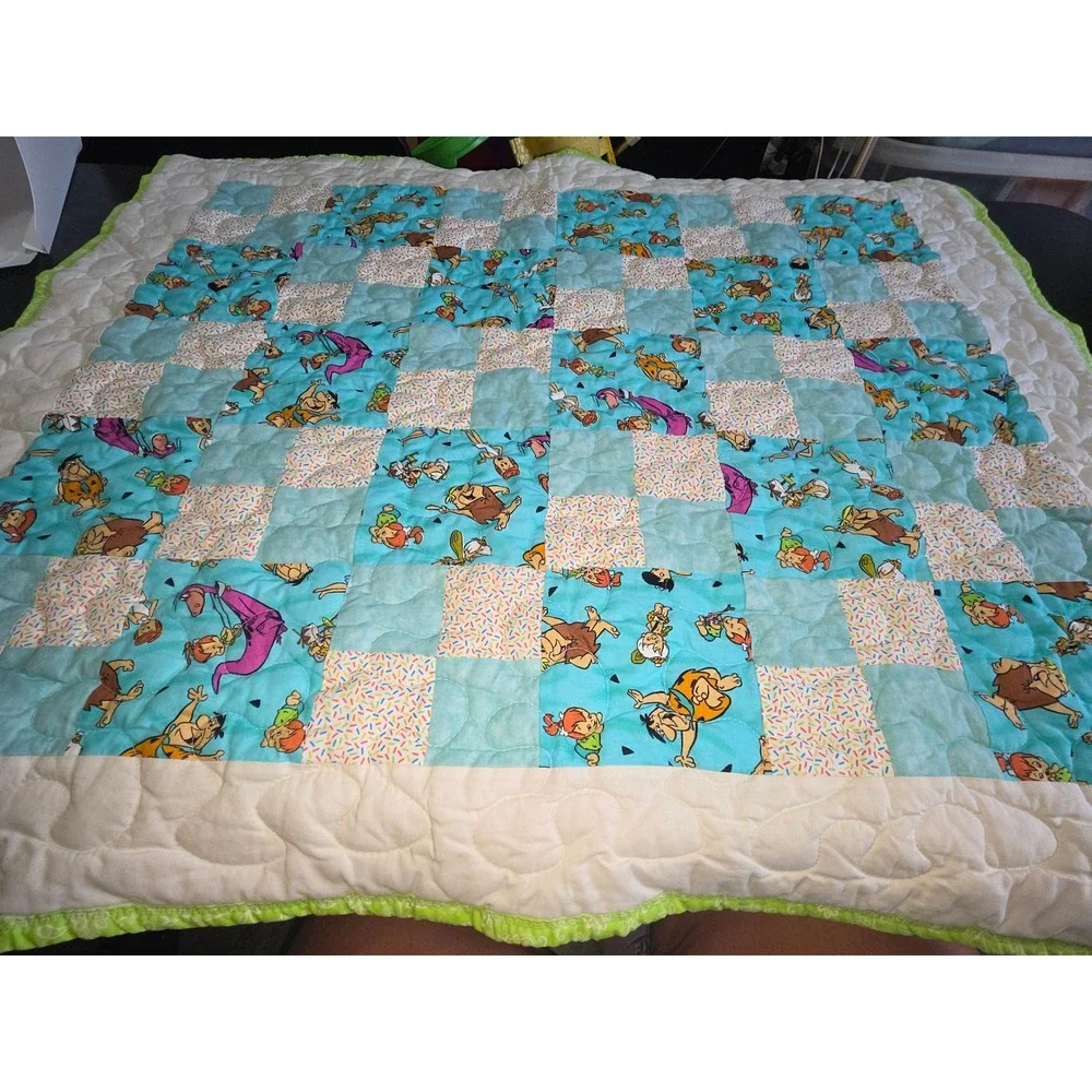 Handmade Flintstones Patchwork Baby Quilt Neon Green Backing 35x35 Retro Nursery